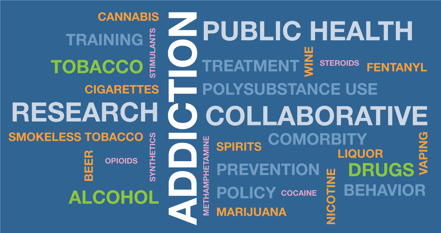 The graphic shows a simulated word cloud showing various aspects of collaborative addiction research
